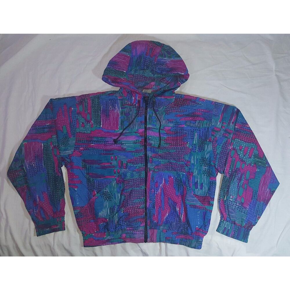 Vintage Nylon Hooded Full Zip Windbreaker Size Large Colorful Abstract Running